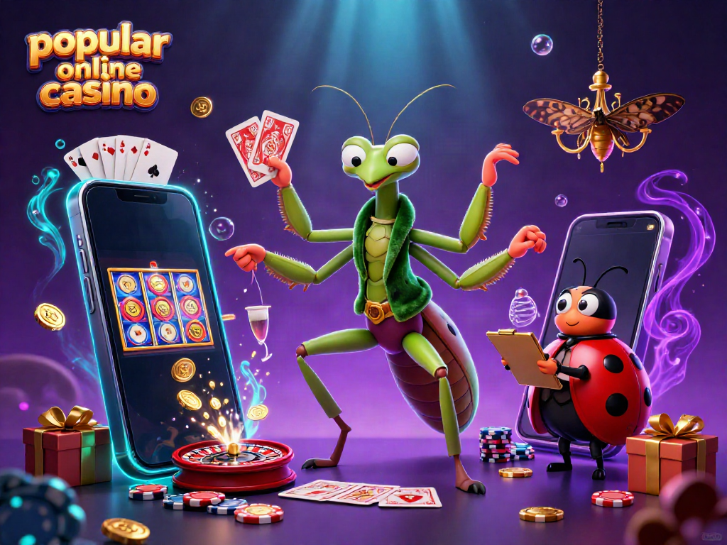 Experience the thrill of a popular online casino in this vibrant 3D illustration featuring a giant mantis and ladybug in a gaming scene.