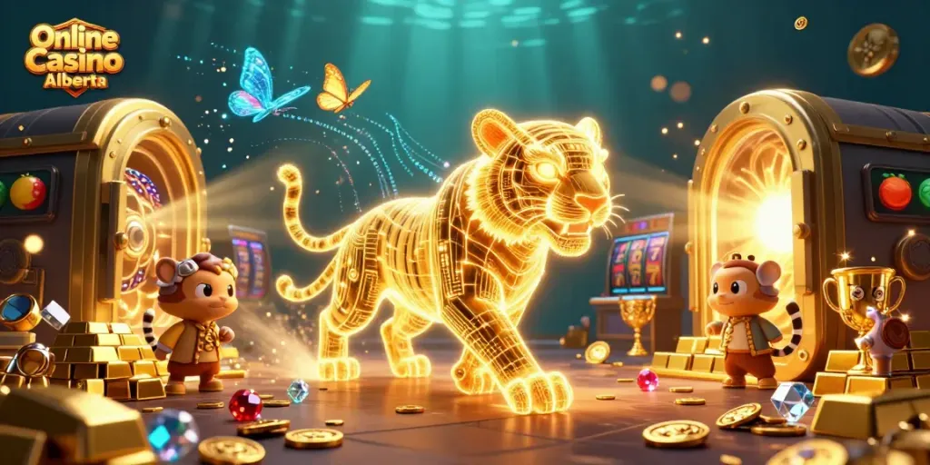 Experience the excitement of Online Casino Alberta with a vibrant 3D scene featuring a golden tiger and casino elements.
