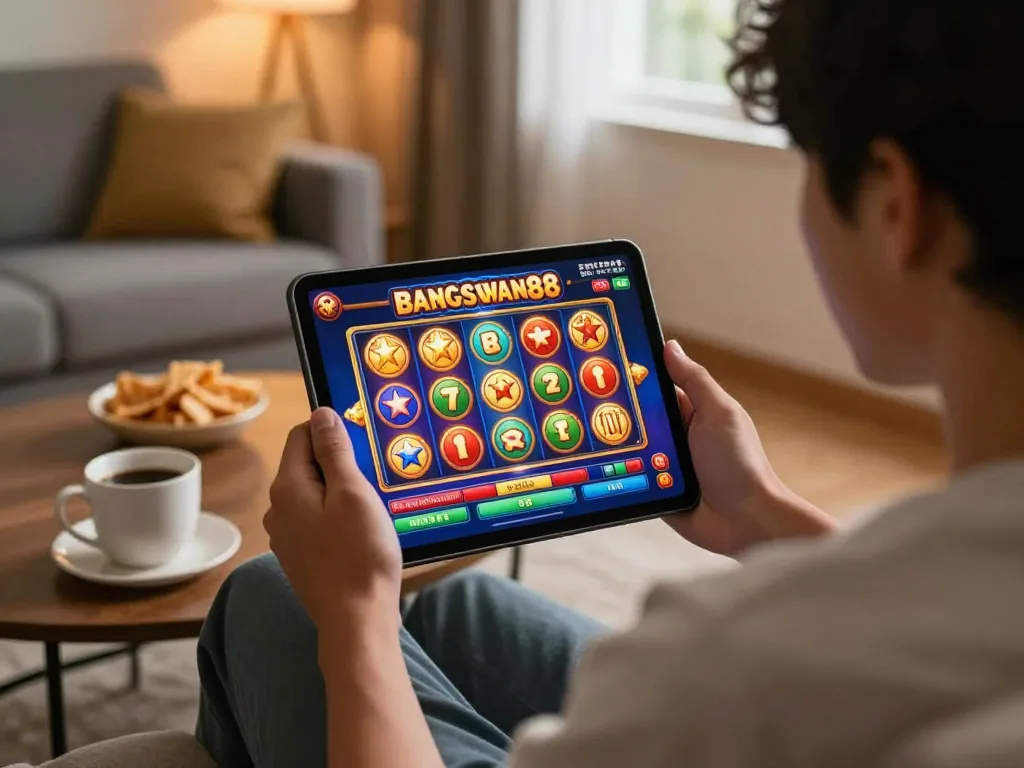 Playing bangsawan88 slot on tablet in a cozy home setup with engaging reels and warm atmosphere
