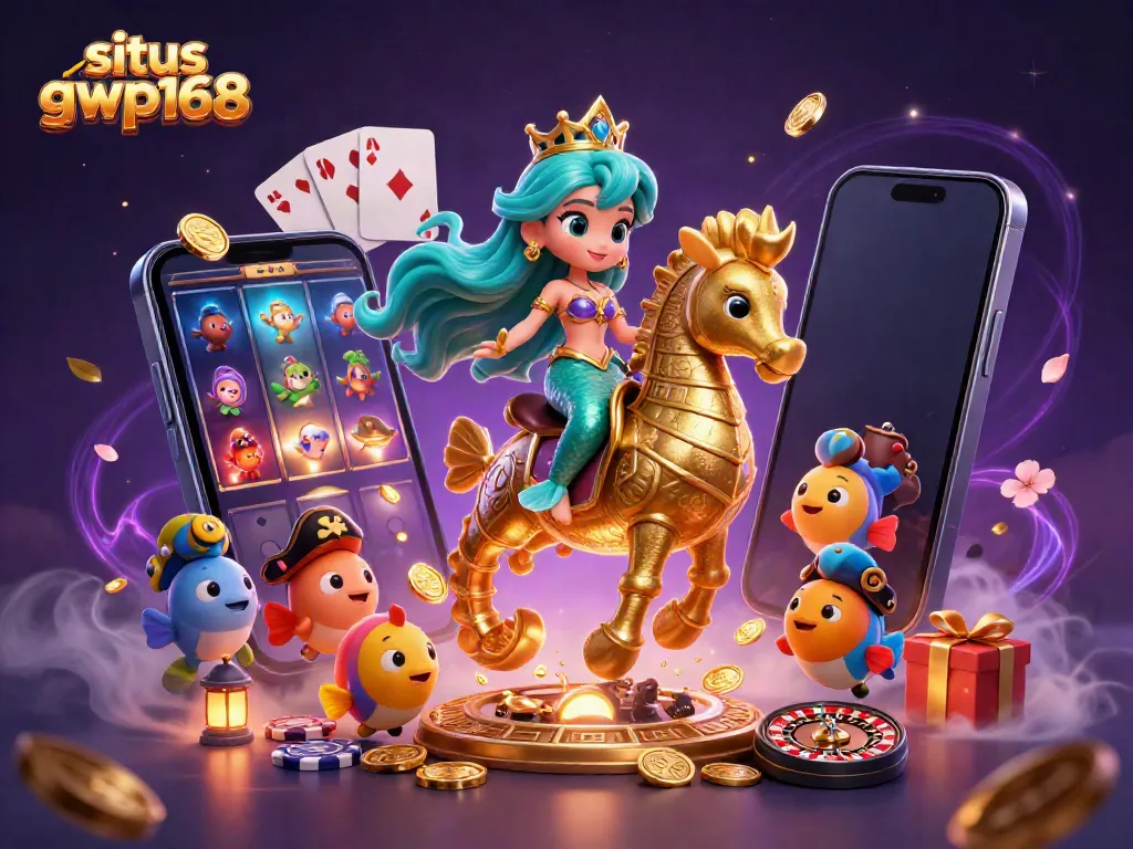 Situs gwp168 menampilkan ilustrasi kasino dengan putri duyung, kuda laut, dan elemen slot.