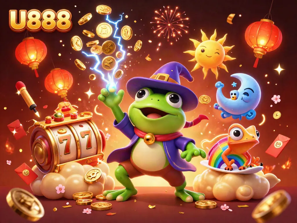 Engage with U888's vibrant casino world as characters interact with slots and golden treasures.