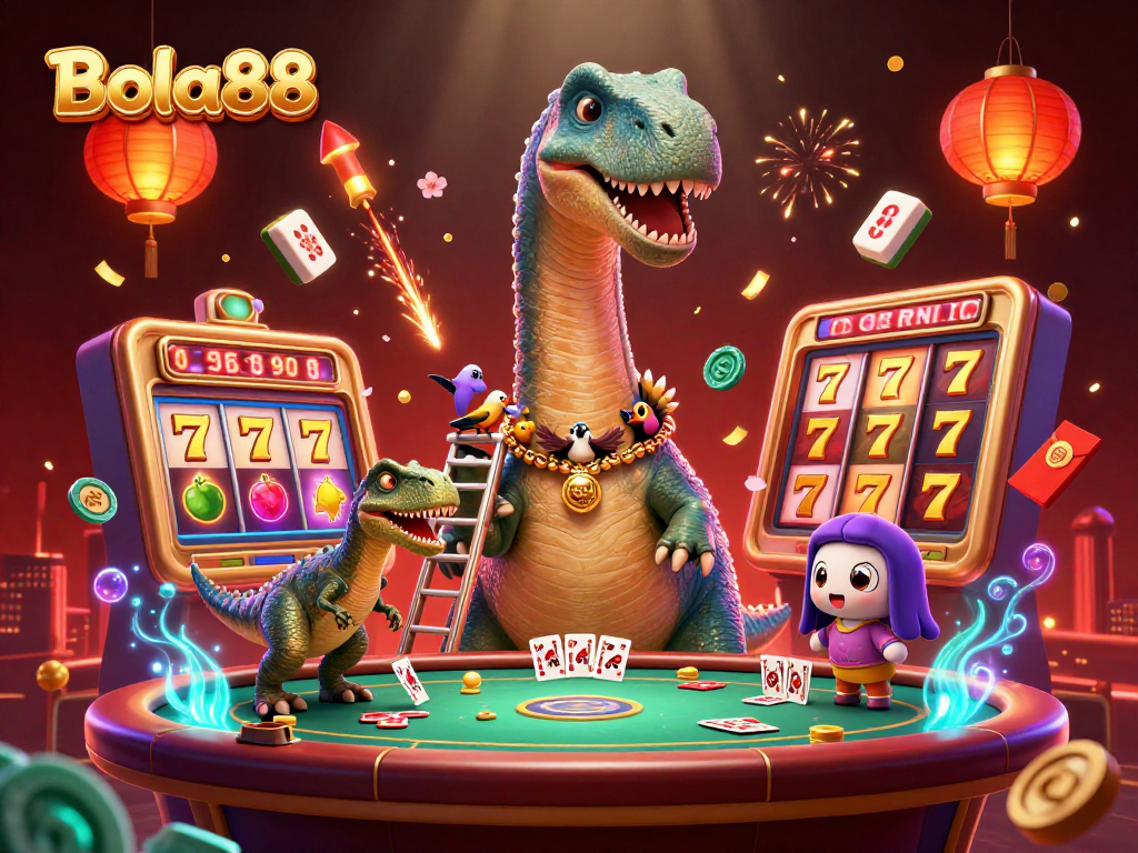 Bola88 hadir dengan ilustrasi kasino yang penuh warna dan dinamis, memperlihatkan permainan slot dan karakter menarik.