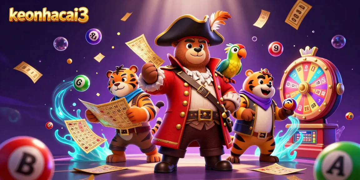 Engage in dynamic lottery action with keonhacai3 in a vibrant 3D casino illustration.