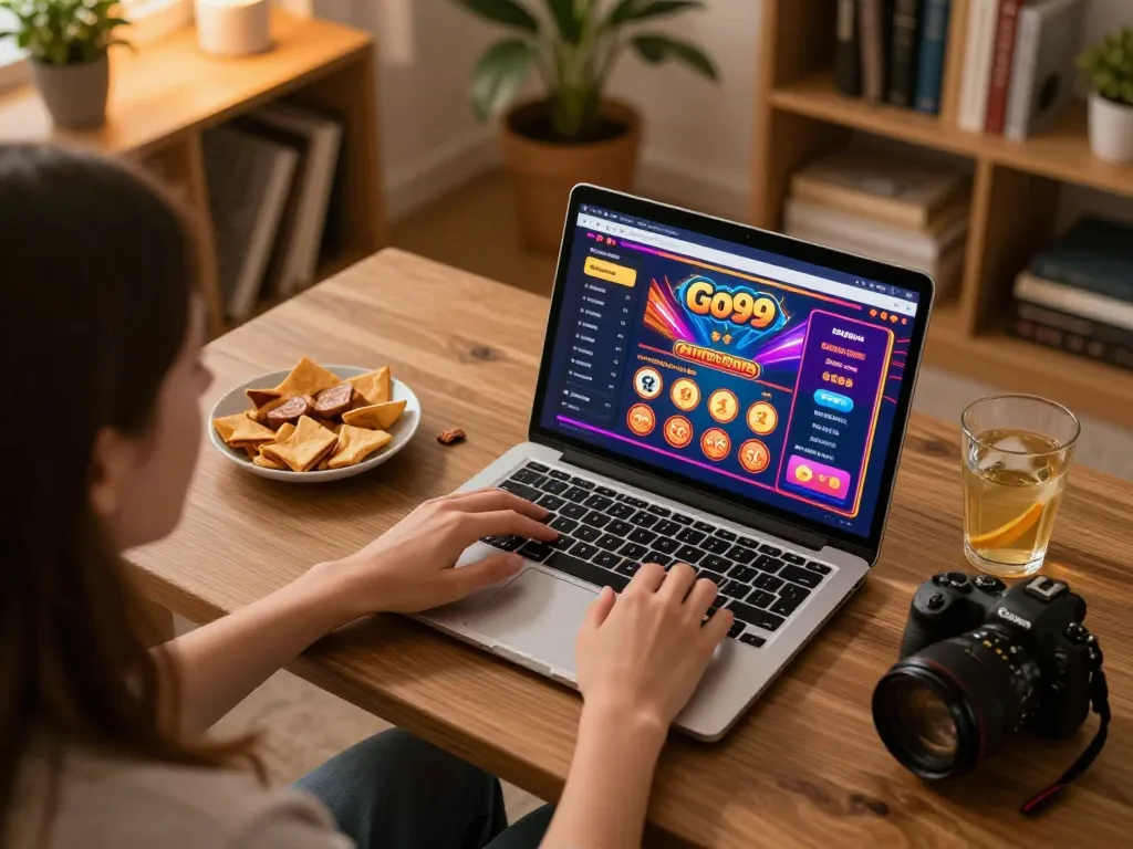 Engaging in a thrilling Go99 online casino session with snacks and a vibrant gaming interface.