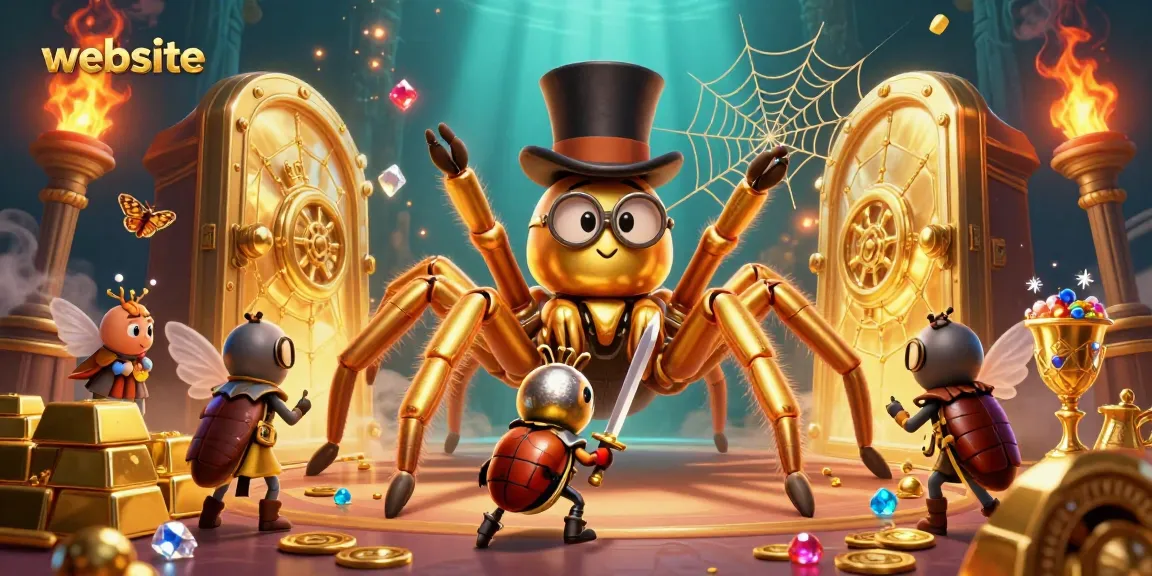 Menangkap pengalaman bermain di website dengan tarantula emas raksasa dan karakter lainnya dalam suasana kasino.