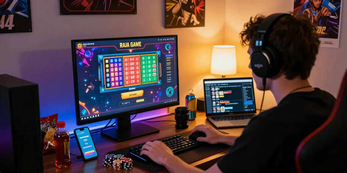 Player focused on Raja Game login, vibrant gaming setup with colorful graphics and snacks
