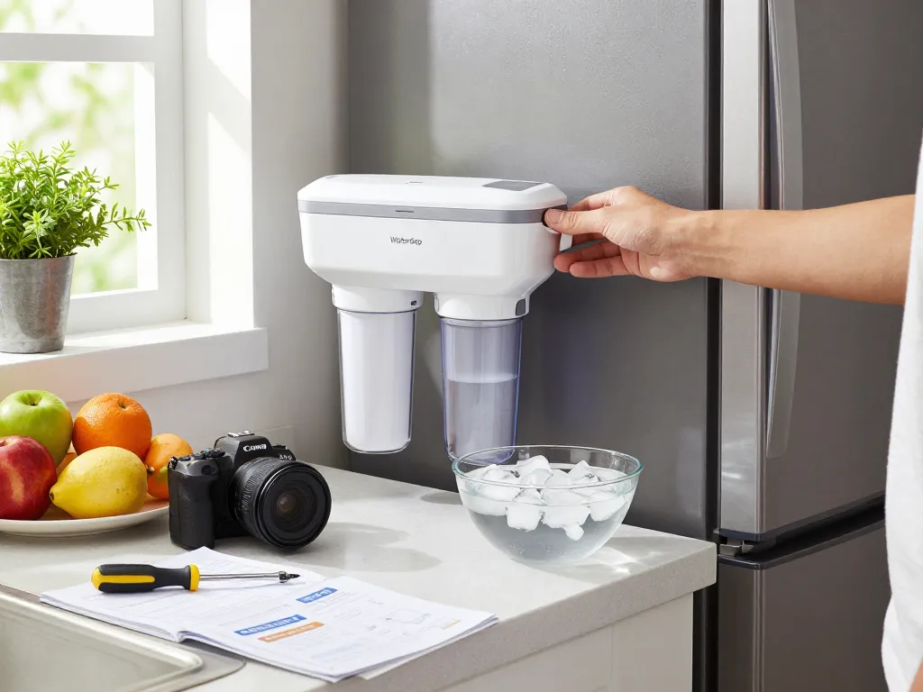 Person replacing Waterdrop DA97-17376B Replacement for Samsung® HAF-QIN/EXP filter in a modern kitchen, bright and inviting.