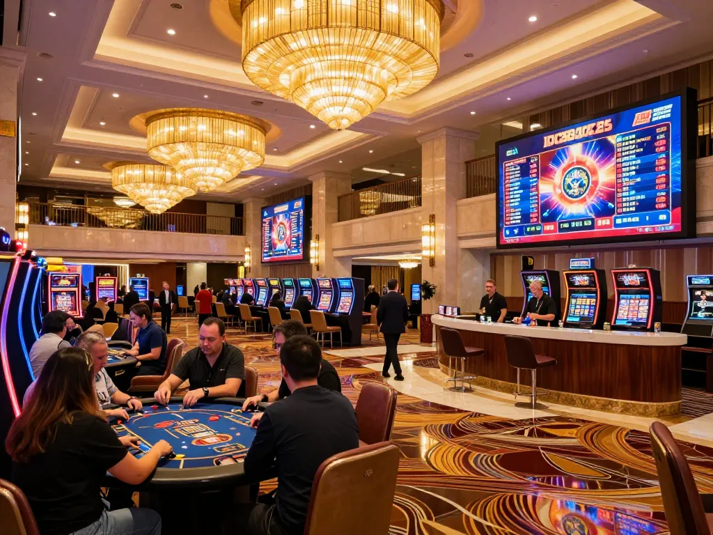 IDC88JOKER players engage in lively discussions at an upscale casino, vibrant atmosphere with promotional displays.
