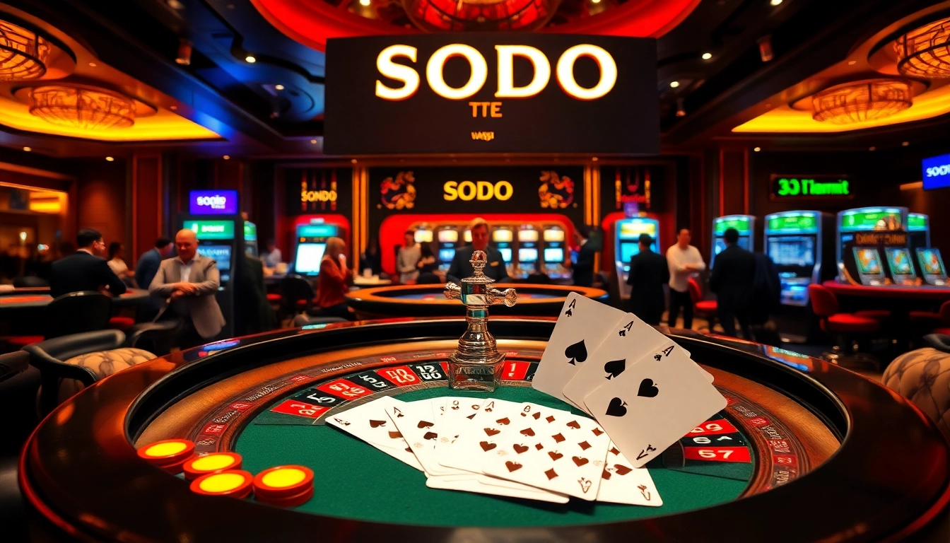 SODO Casino scene with players engaging at a roulette table, showcasing luxury and excitement.