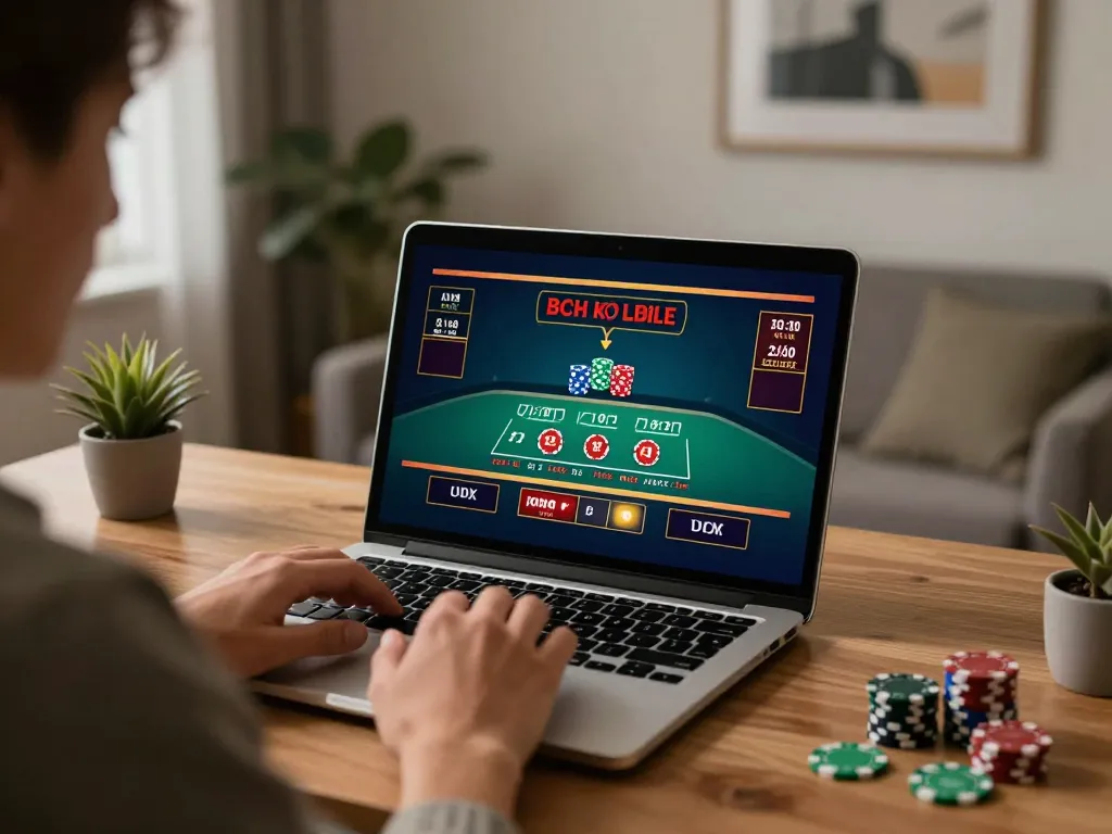 Player engaging with live dealer blackjack at RR88 online casino in a modern home office