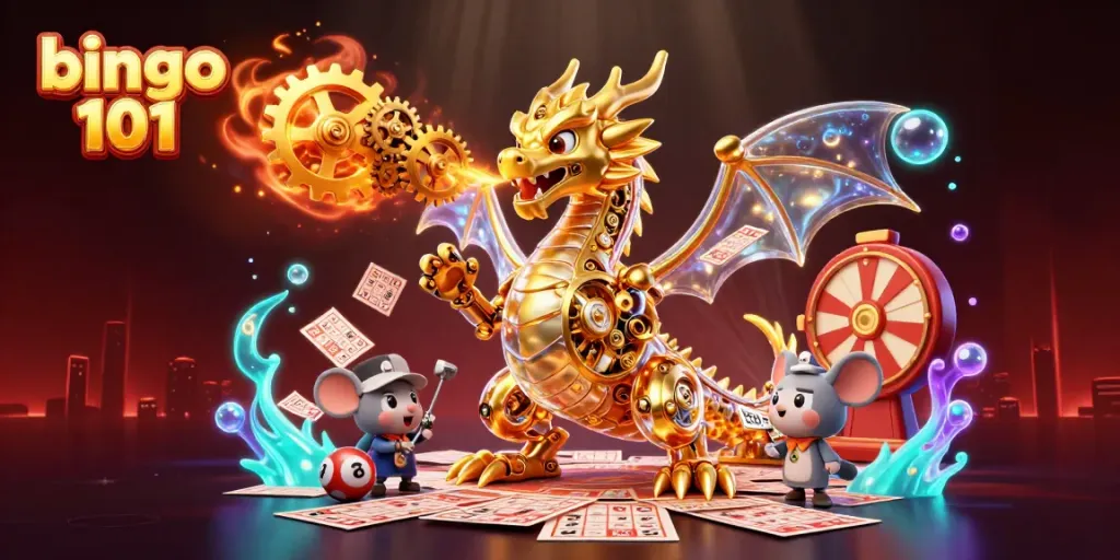 Engaging bingo 101 digital scene showcasing a golden dragon, bingo cards, and vibrant elements that convey excitement.