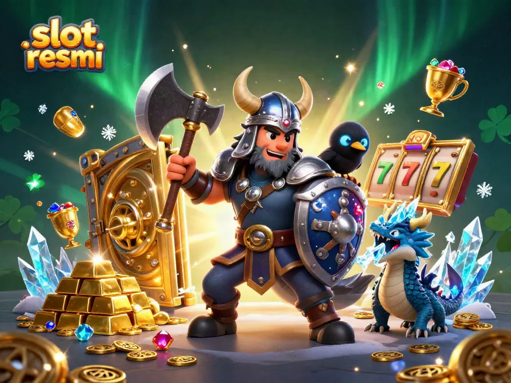 Experience slot resmi with a Viking wolf warrior and a fierce dragon in a treasure-filled scene.