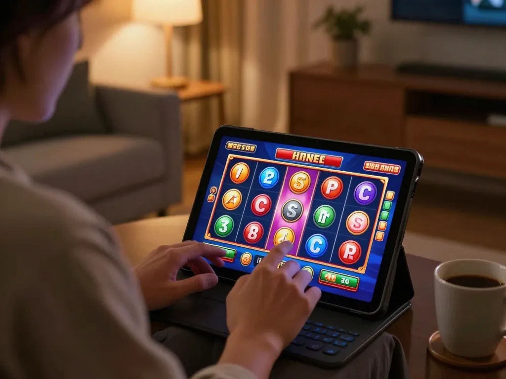 Engaging in online slots gameplay at home on gincal, showing vibrant tablet screen and cozy atmosphere.