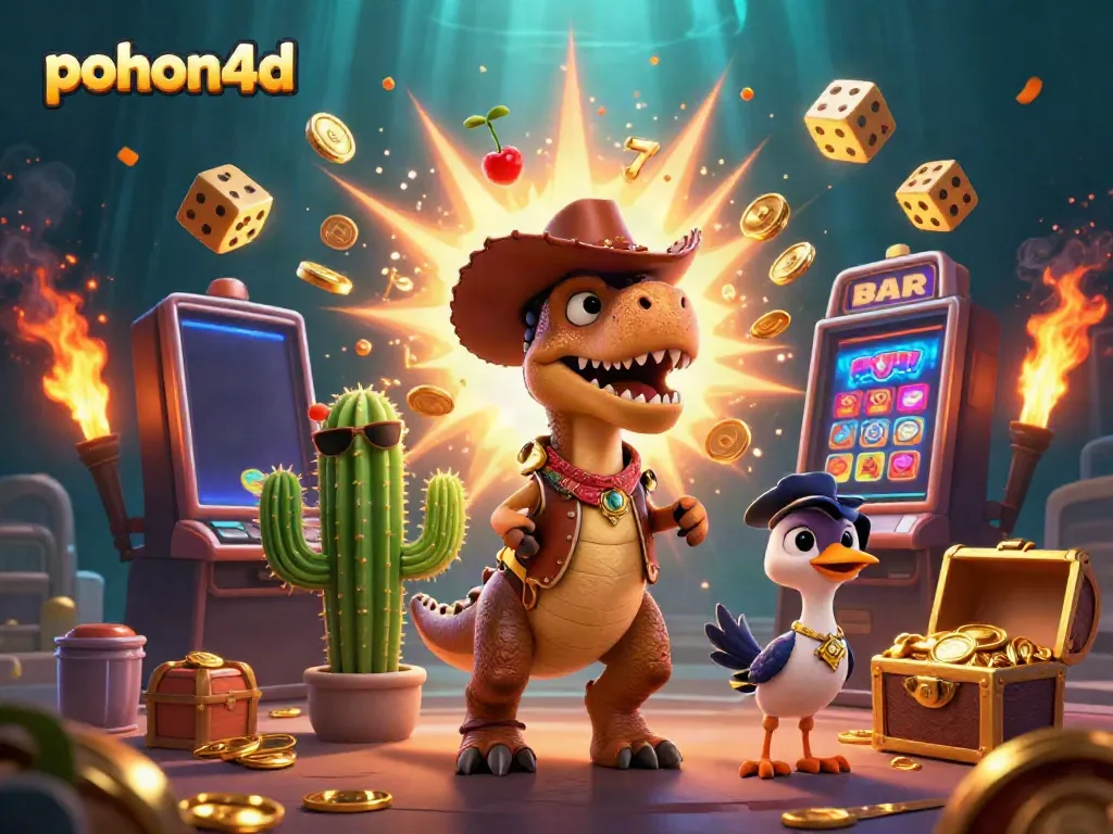 Engage in gaming excitement with pohon4d featuring a T-Rex, cactus, and roadrunner amid casino action.