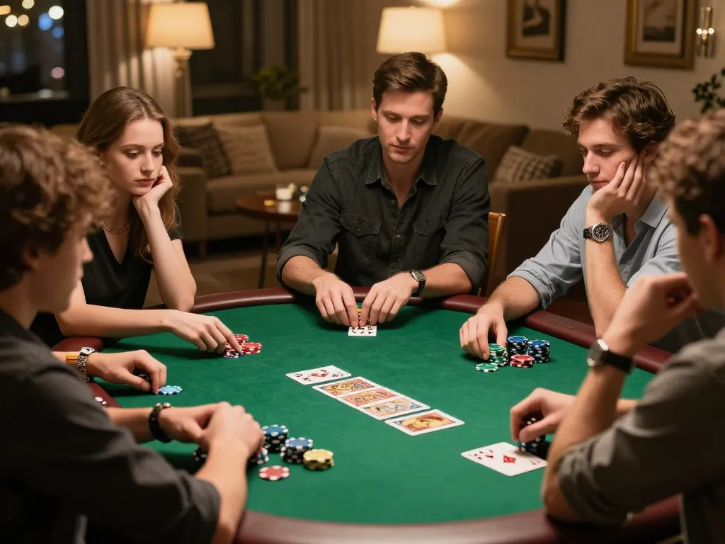 KADAL778 players enjoying a passionate poker game surrounded by friends and warm home ambiance
