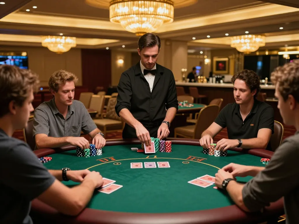 Players compete in Texas Hold'em at a vipwin poker table in a luxurious casino setting