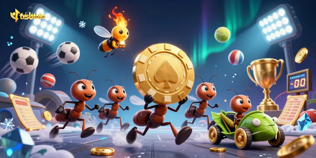 Experience the excitement of teslatoto with a 3D cartoon scene featuring a heist with ants and vibrant gaming elements.