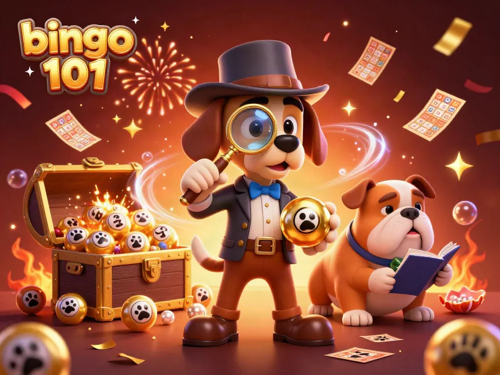 Bingo 101 detectives uncovering treasure amidst bingo balls and celebratory decor.