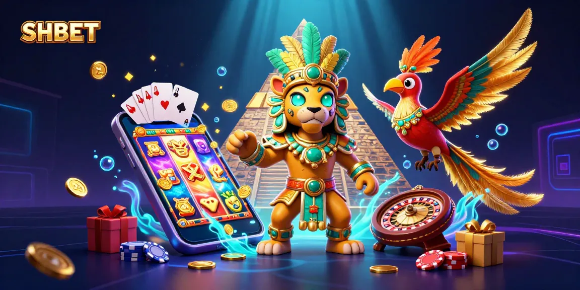 Experience the thrill of SHBET with a vibrant 3D casino scene featuring Mayan characters and gaming elements.