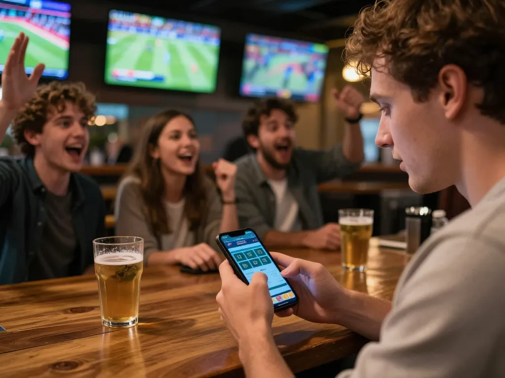 Engaging in kèo nhà cái betting action with friends in vibrant sports bar atmosphere.