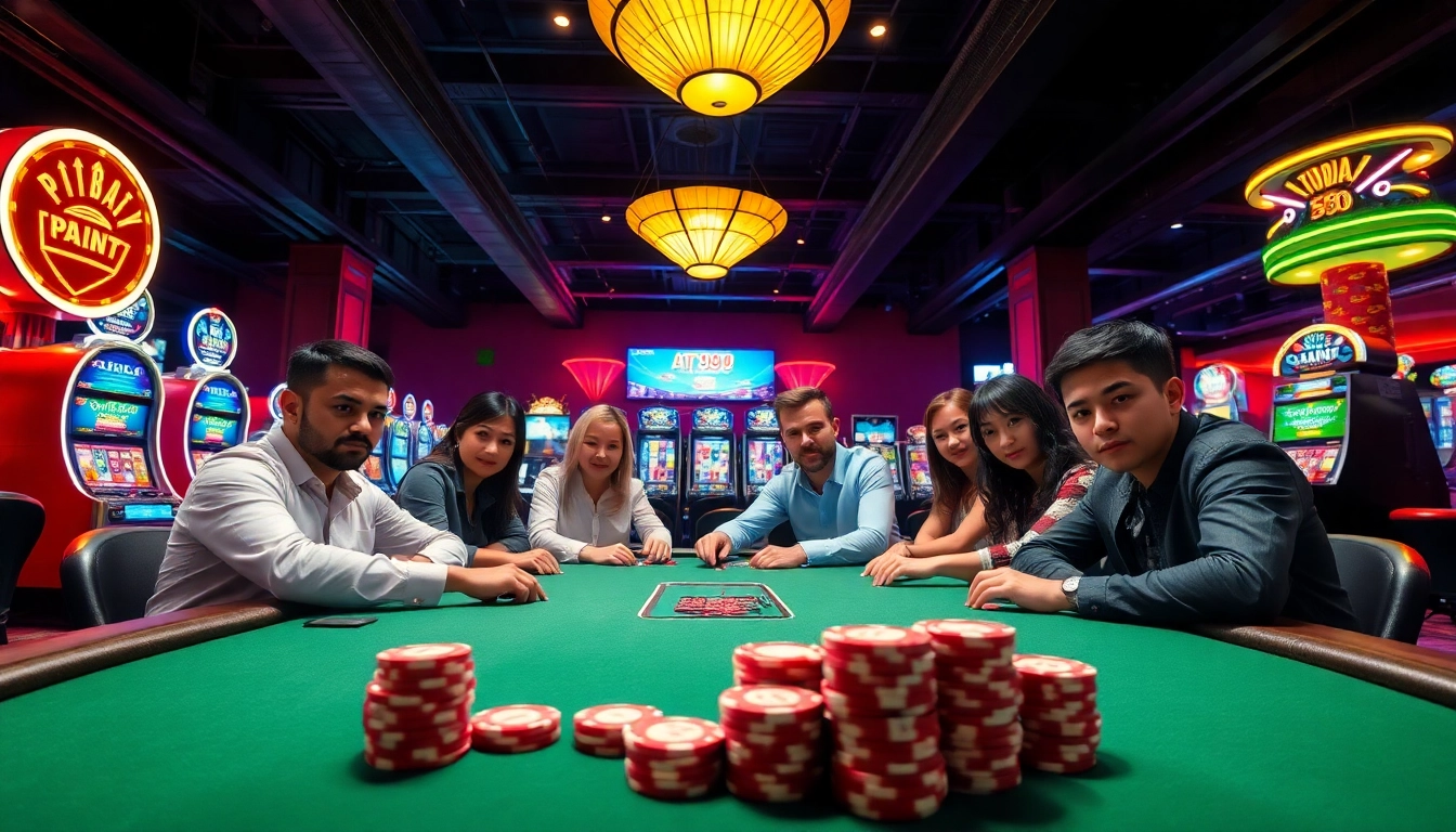 Engaging casino atmosphere featuring players around a table, highlighting AT99娛樂 excitement.