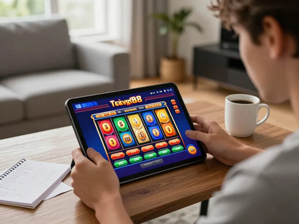 Suasana menarik permainan slot tokyo88 di tablet dalam lingkungan rumah yang nyaman, menampilkan permainan online modern.