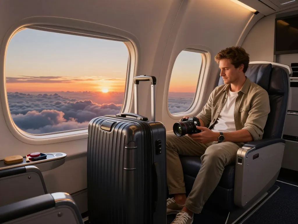 Traveler enjoying stunning views from the 789P Dreamliner at sunset, capturing the luxury of air travel.