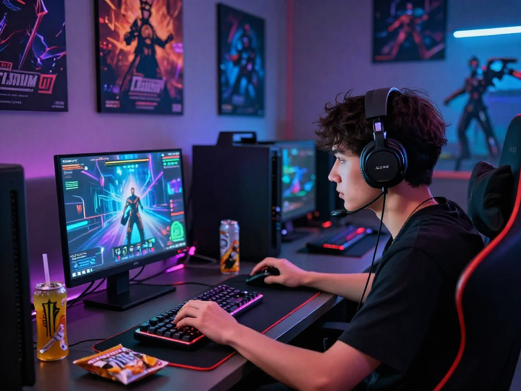 Mind control porn game engagement with vibrant gaming setup and intense focus.
