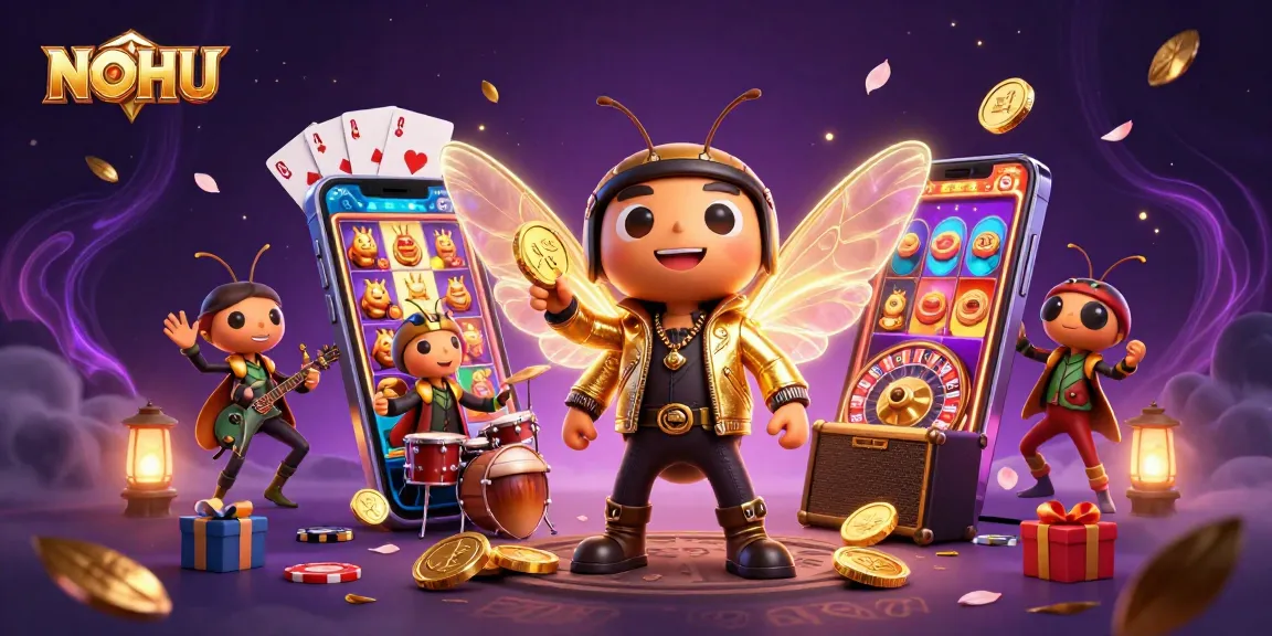 Experience the thrill of NOHU with cartoon rock star gamblers amidst slot games and casino elements.