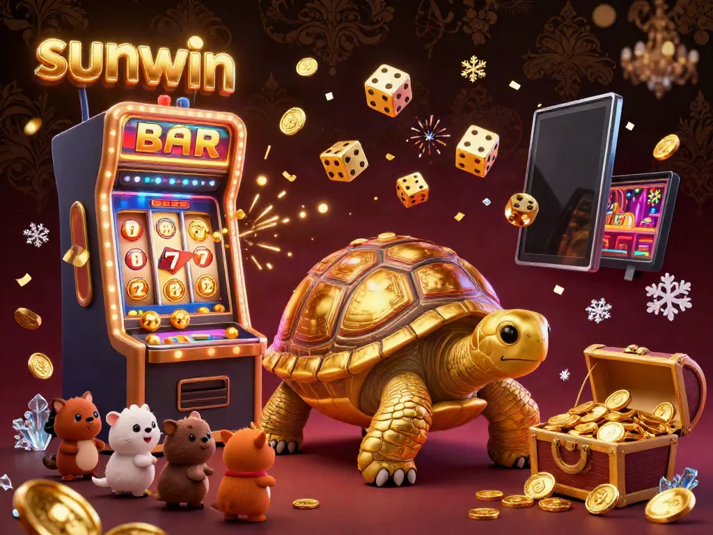Experience sunwin excitement with golden tortoise pinball and jackpot-filled slot machines in a vibrant casino scene.