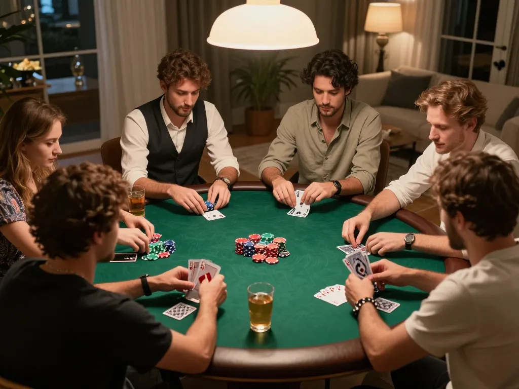 Players engaged in a home poker night, showcasing strategy and camaraderie, part of the jewanced experience.