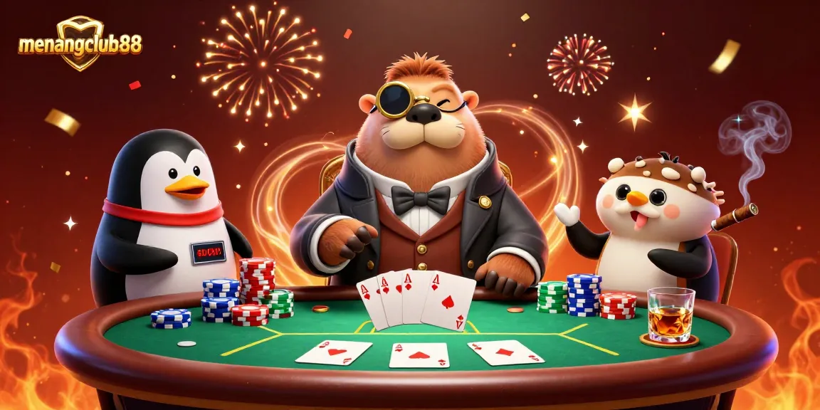 Experience the excitement at menangclub88 with a jolly walrus playing poker underwater amidst vibrant casino elements.
