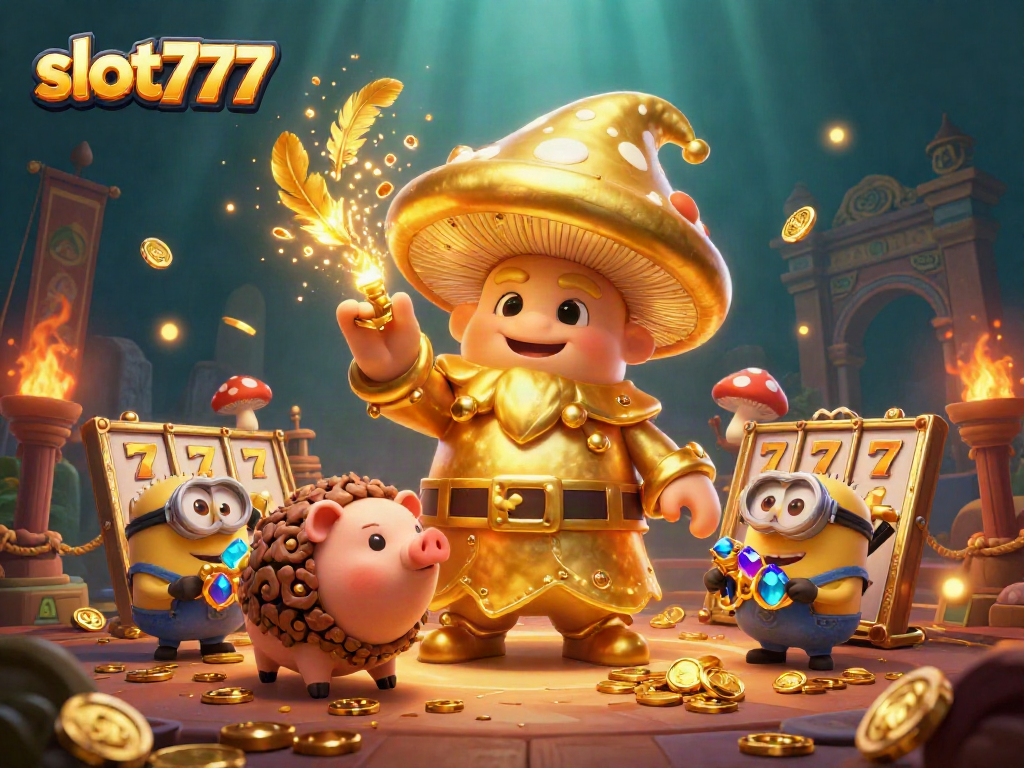 Experience slot777 excitement with a golden mushroom wizard and treasures in an enchanting casino world.