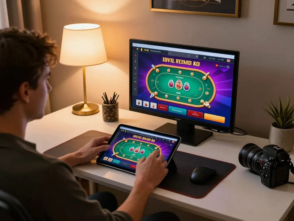 Engaging in online casino gameplay at https://lv88cha.com/ with tablet showing poker game, cozy atmosphere