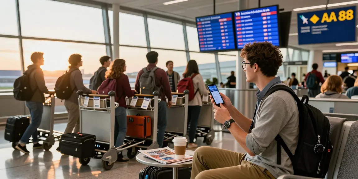 Passenger at airport checking AA 88 flight status with excitement, surrounded by fellow travelers and luggage.