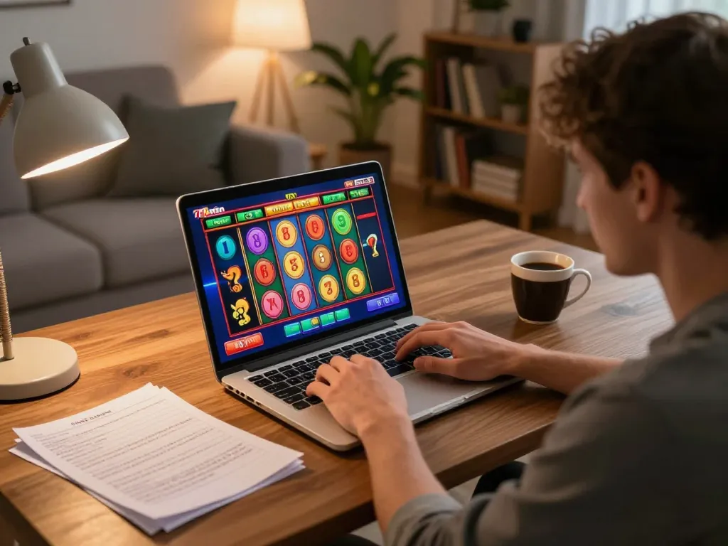 Engaging online gaming scene at 78win with a player focused on slot game winning strategies.