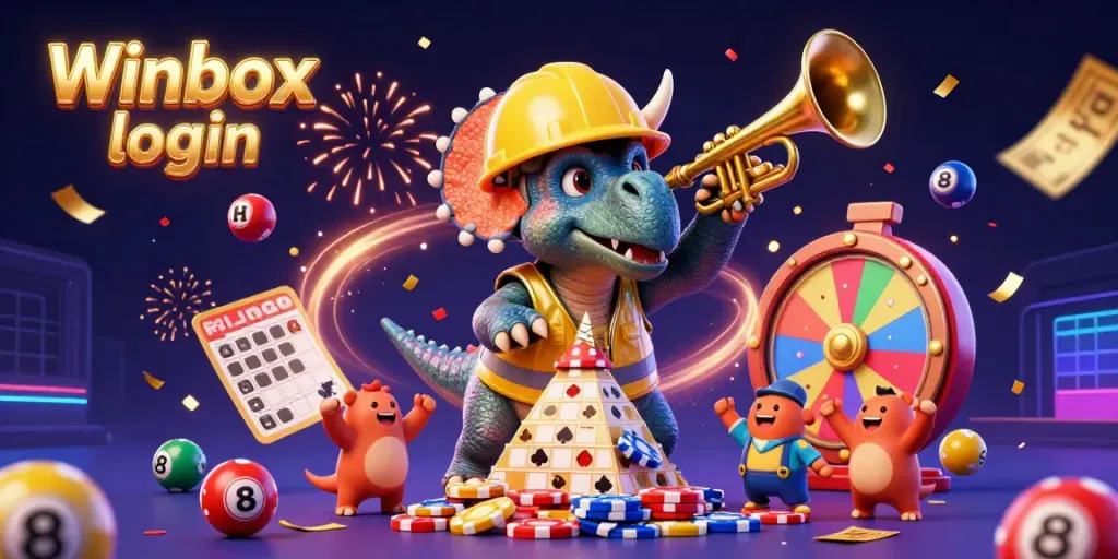 Winbox login illustration featuring a triceratops and a parasaurolophus amidst golden celebration elements.