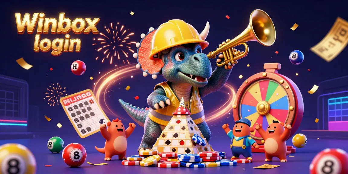 Winbox login illustration featuring a triceratops and a parasaurolophus amidst golden celebration elements.