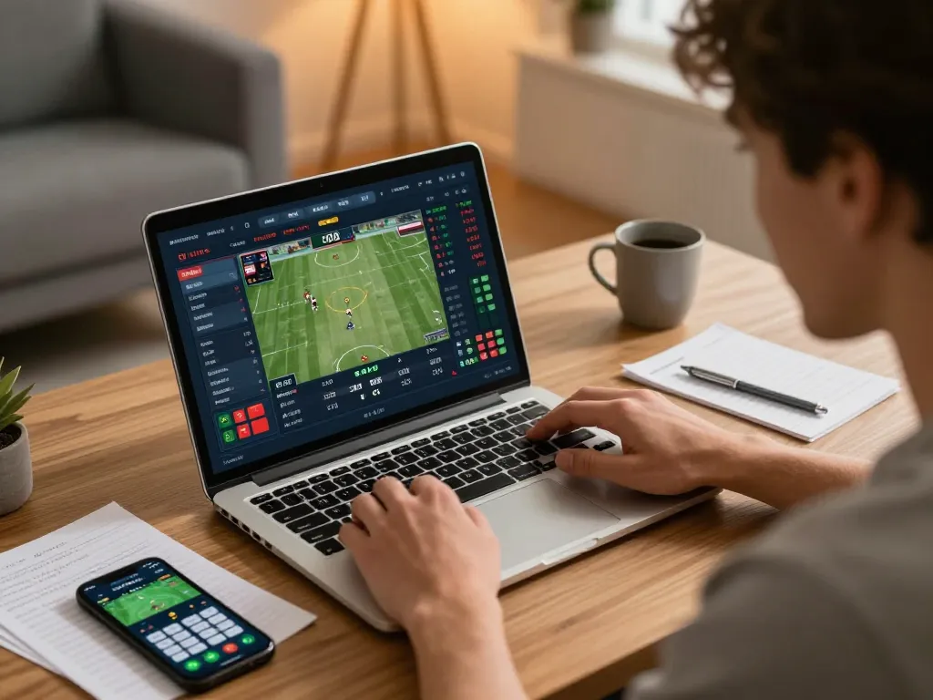 Engaging in online sports betting on a laptop to analyze nddo live odds strategically.