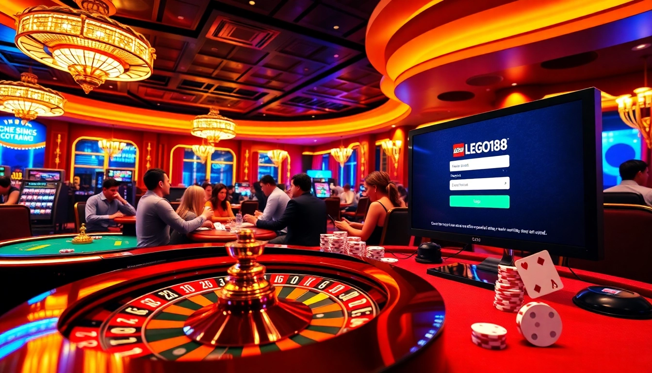 Experience the excitement of LEGO138 login with vibrant casino visuals showcasing poker chips and a roulette wheel.