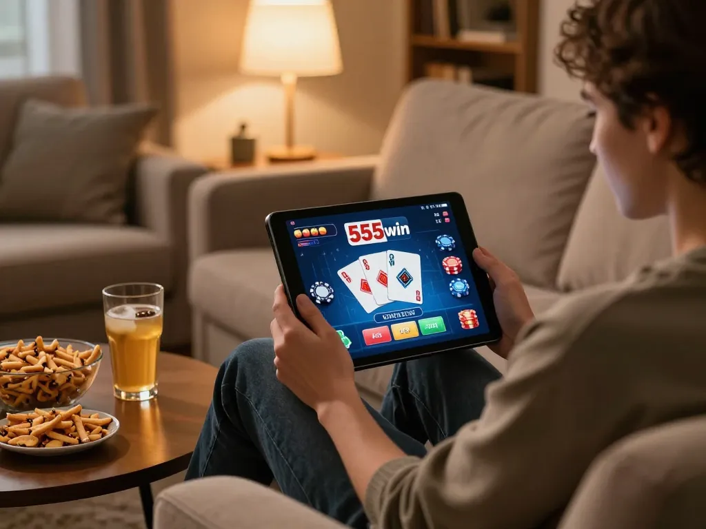 Player enjoying a cozy online gaming session with 555win on a tablet in a warm home environment.