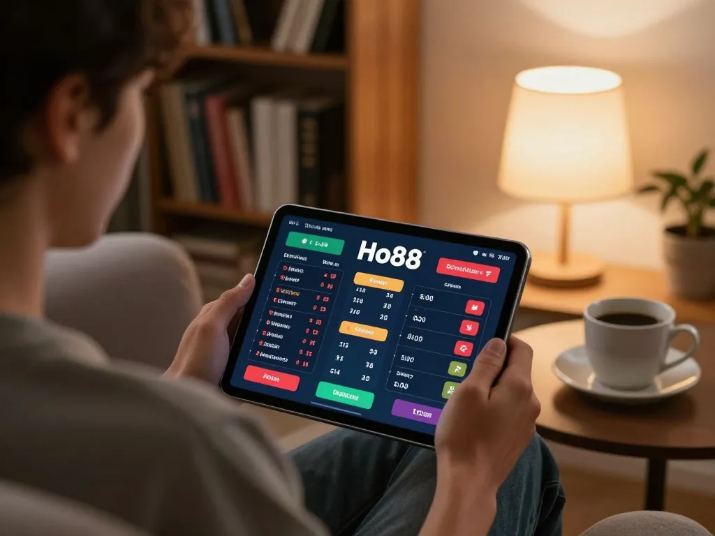 Experience online sports betting at Ho88 from a cozy living room setup with tablet and coffee.