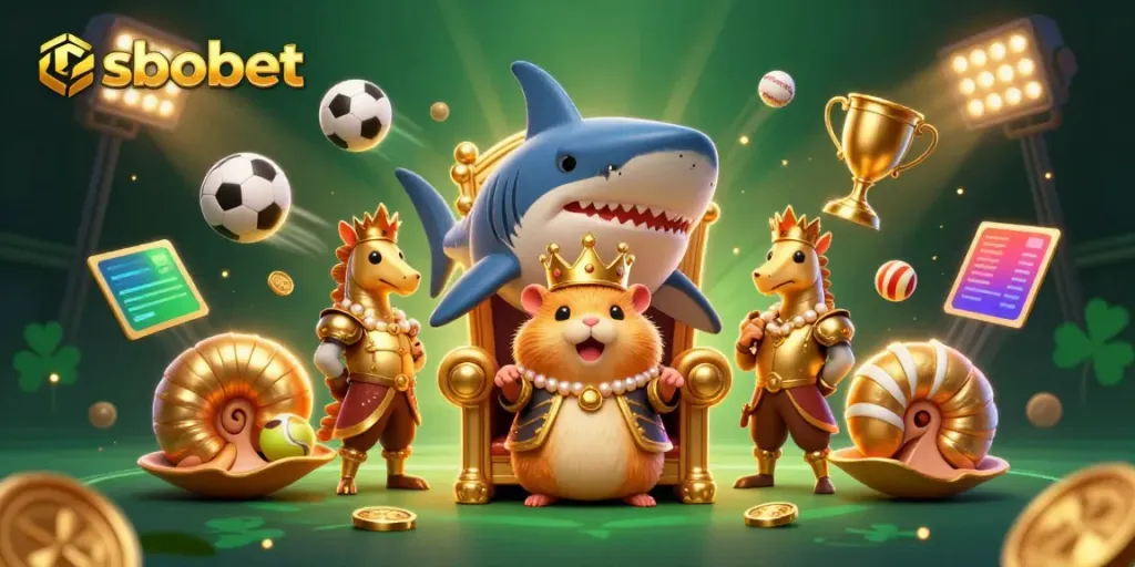 Experience sbobet sports betting with this vibrant 3D illustration featuring a golden hamster king and dynamic sports elements.