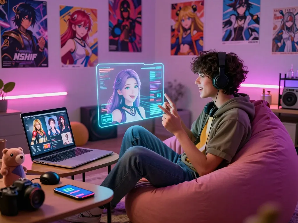 Engaging NSFW AI character interaction in a cozy digital art scene featuring a user in a relaxed setting with a holographic companion.