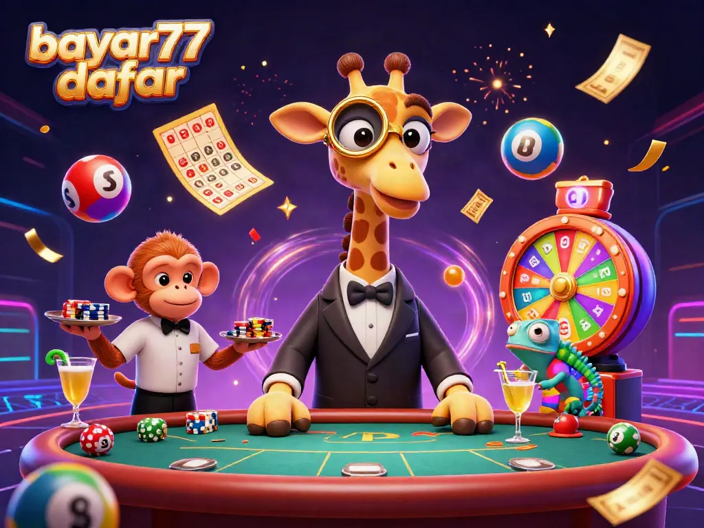 Engage with the thrilling scene of bayar77 daftar showcasing vibrant casino elements and playful characters.