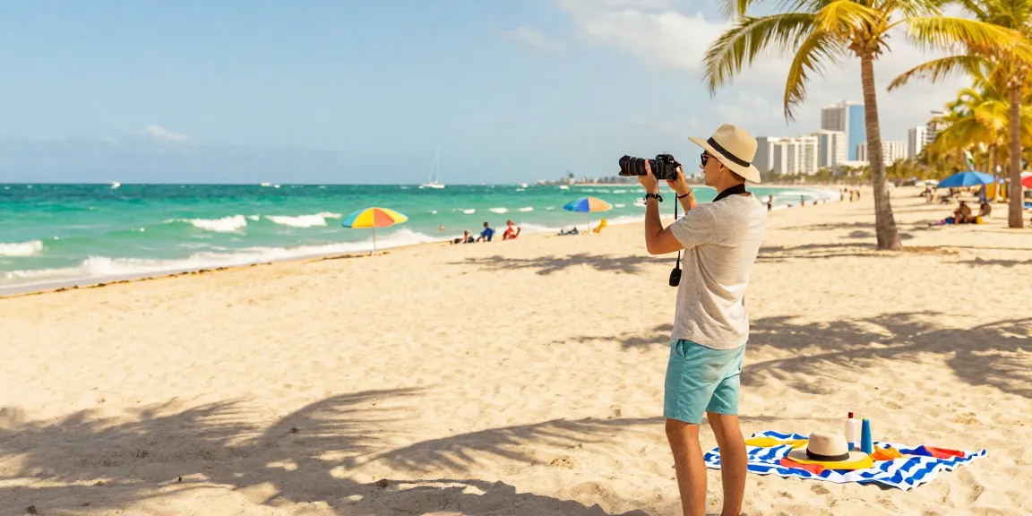 Pengunjung menikmati pantai Miami di https://miami4d.com/, berpakaian santai, menikmati sinar matahari dan suasana tropis.
