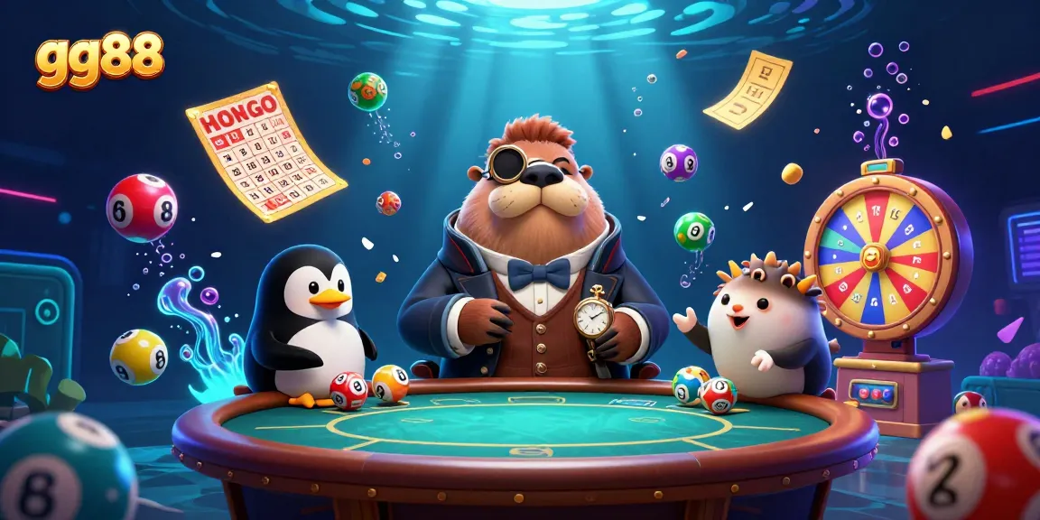 Engage with gg88's thrilling underwater casino, featuring a jolly walrus playing poker surrounded by vibrant game elements.