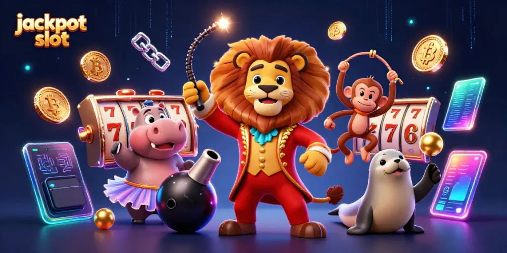 Spin the jackpot slot reels with vibrant characters and neon coins in a dazzling casino scene.
