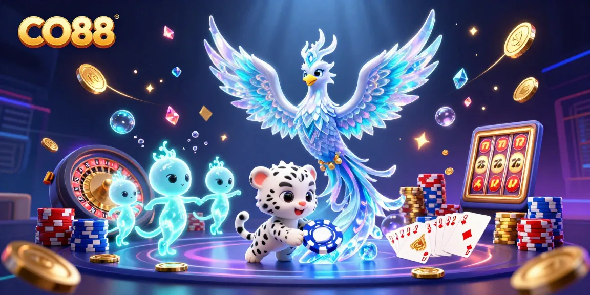 Play thrilling games with CO88, featuring a 3D ice phoenix and vibrant casino elements.