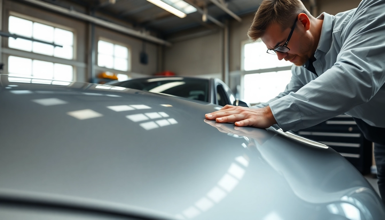 Technician applying PPF Chattanooga to a luxury vehicle with precision in a modern workshop.